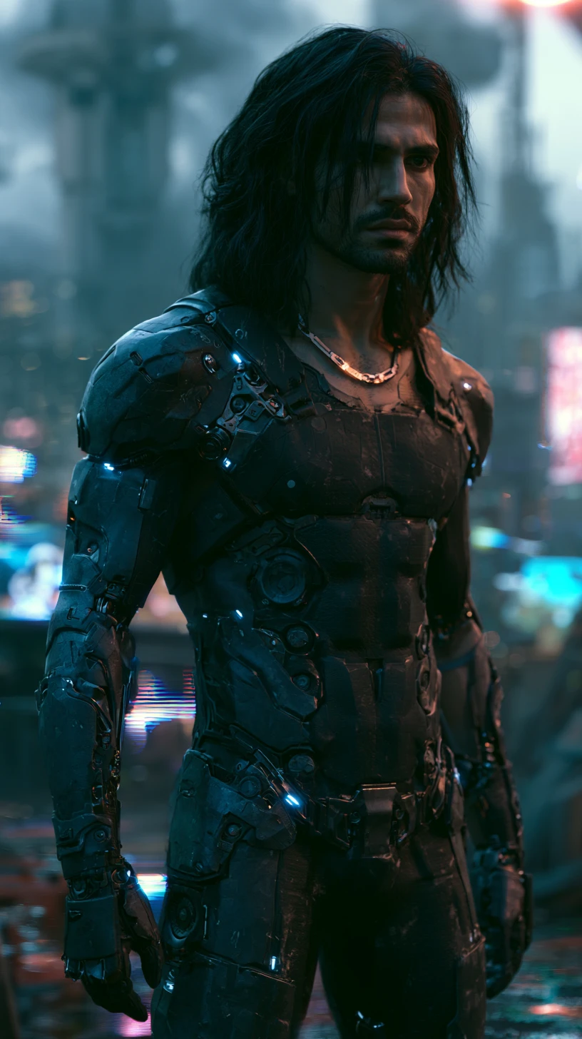 Young sci fi warrior in armor standing in city