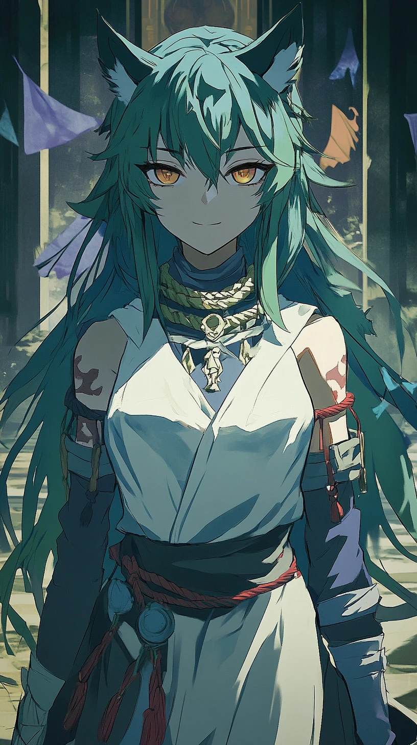 Anime girl in green hoodie with wolf themed outfit