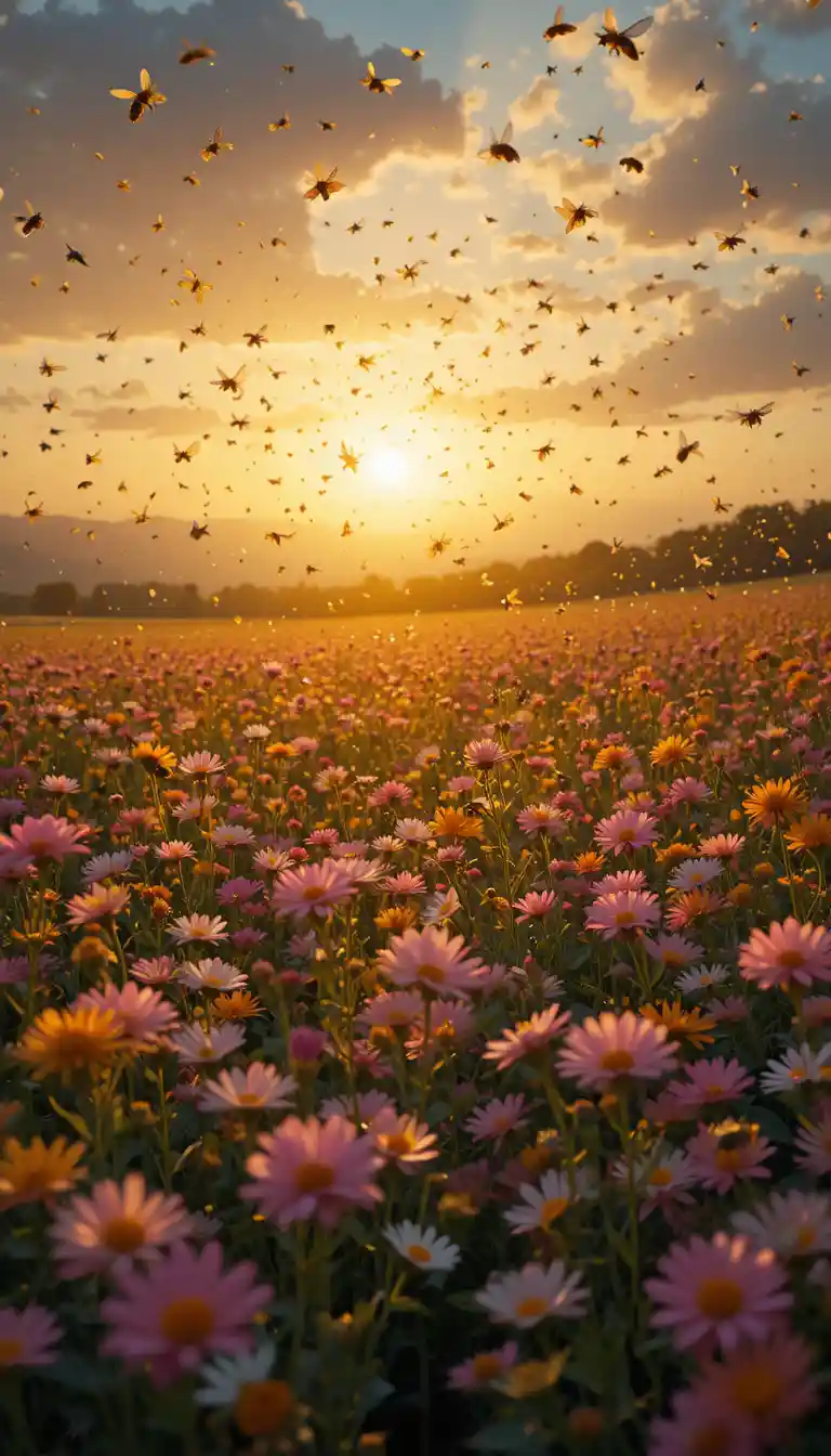 Colorful flower meadow at sunrise in haunting silence