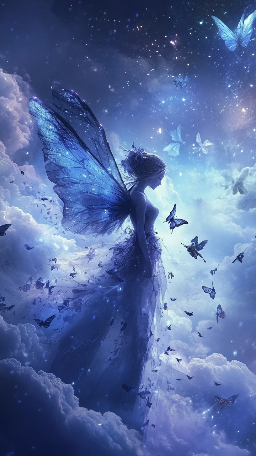 Ethereal fairy resting among clouds under starry sky