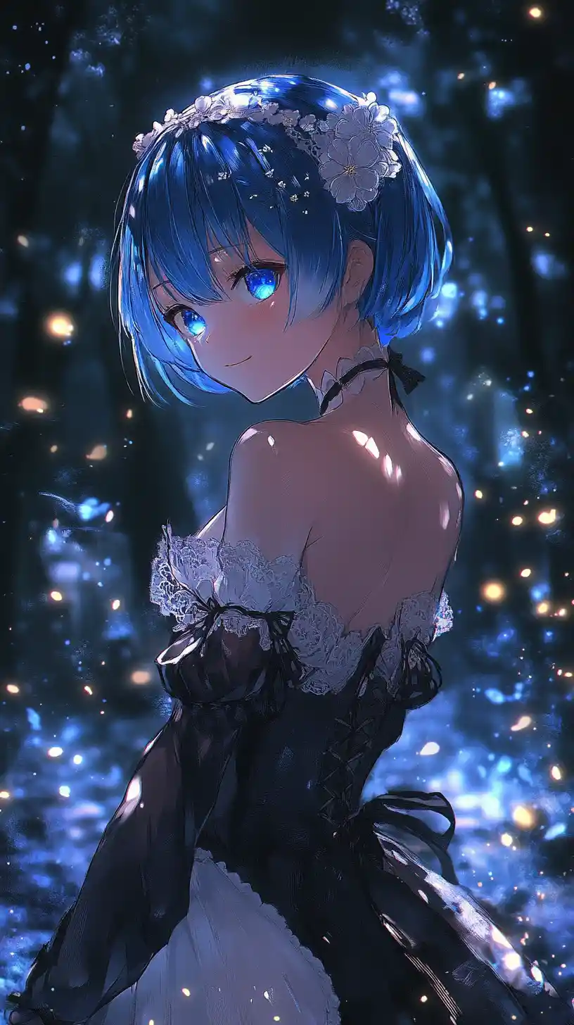 Blue haired anime maid in a glowing enchanted forest