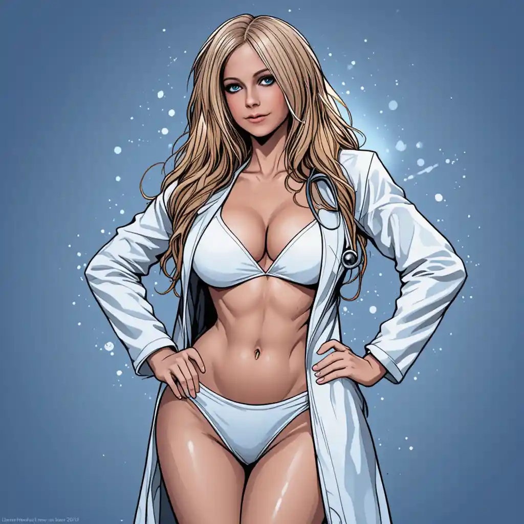 Curvy woman in white bikini and lab coat with stethoscope
