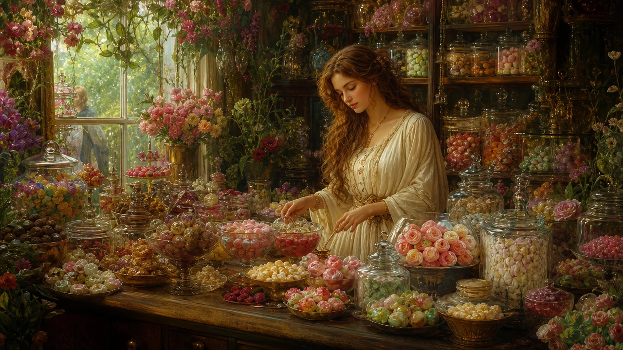 Elegant shopkeeper in a cozy candy shop with flowers
