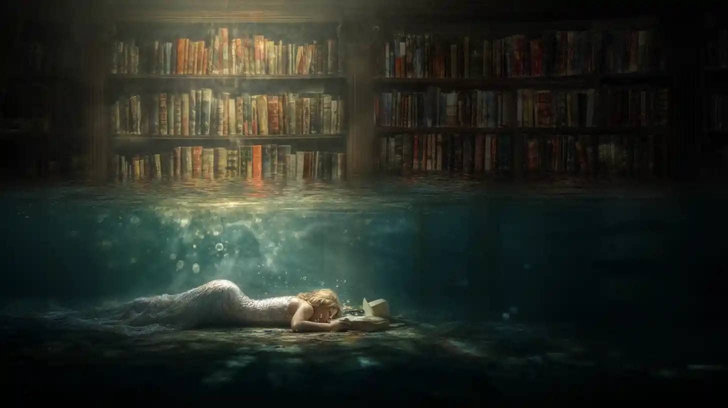 Melancholic mermaid in a surreal drowned underwater library