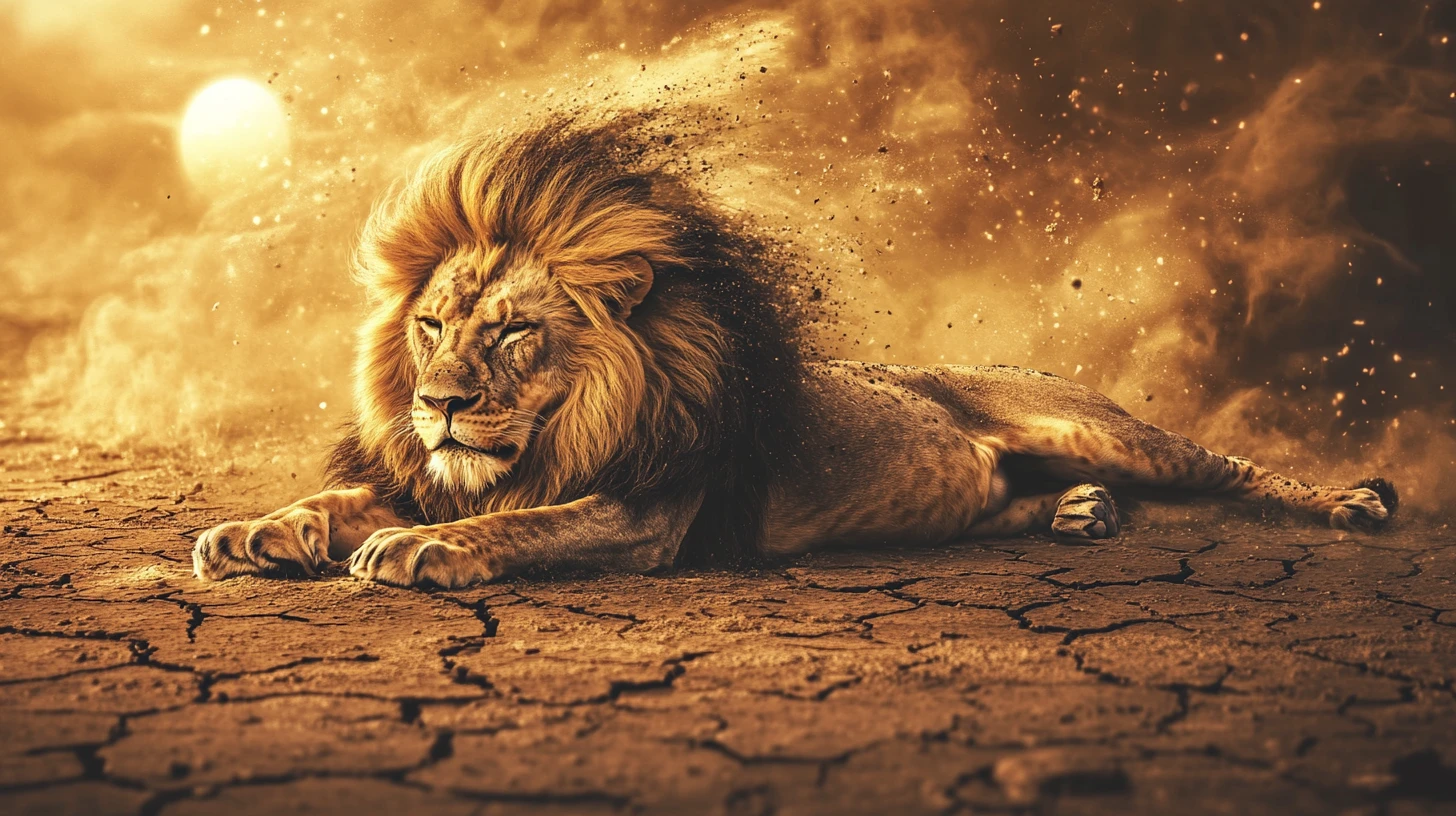 Lion Dissolving Into Ash Over Cracked Ground Surface