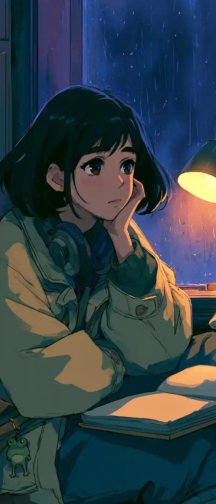 Young woman sketching by a rainy night window