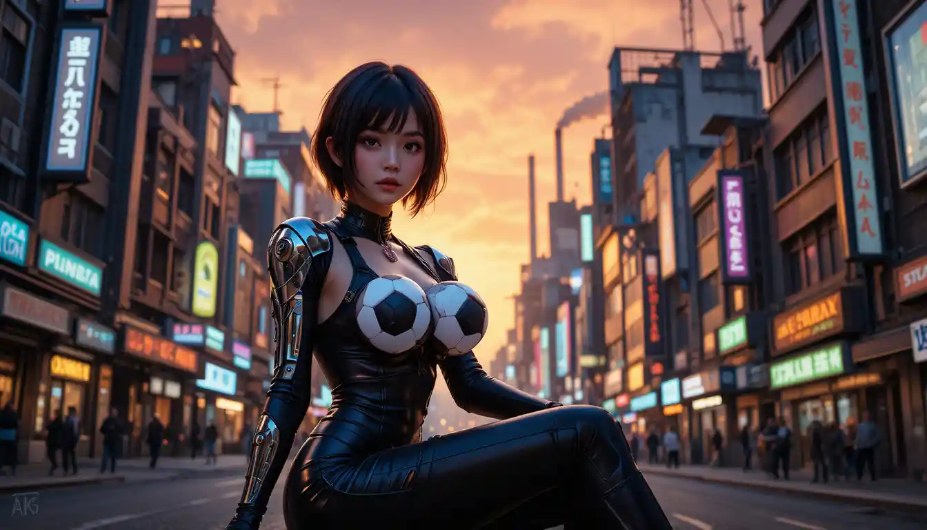 Cyberpunk woman at sunset in a futuristic neon city