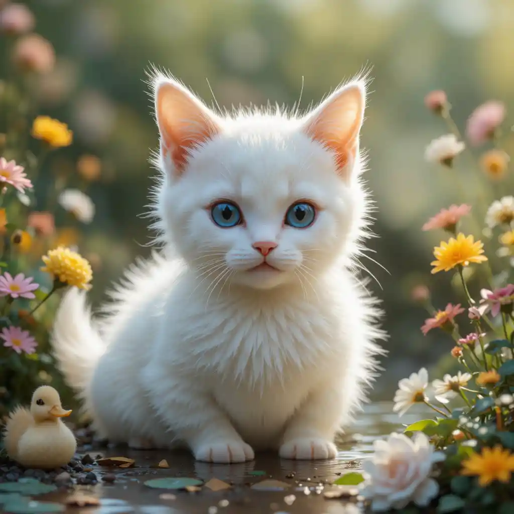 Small white cat and duck in a simple flower garden