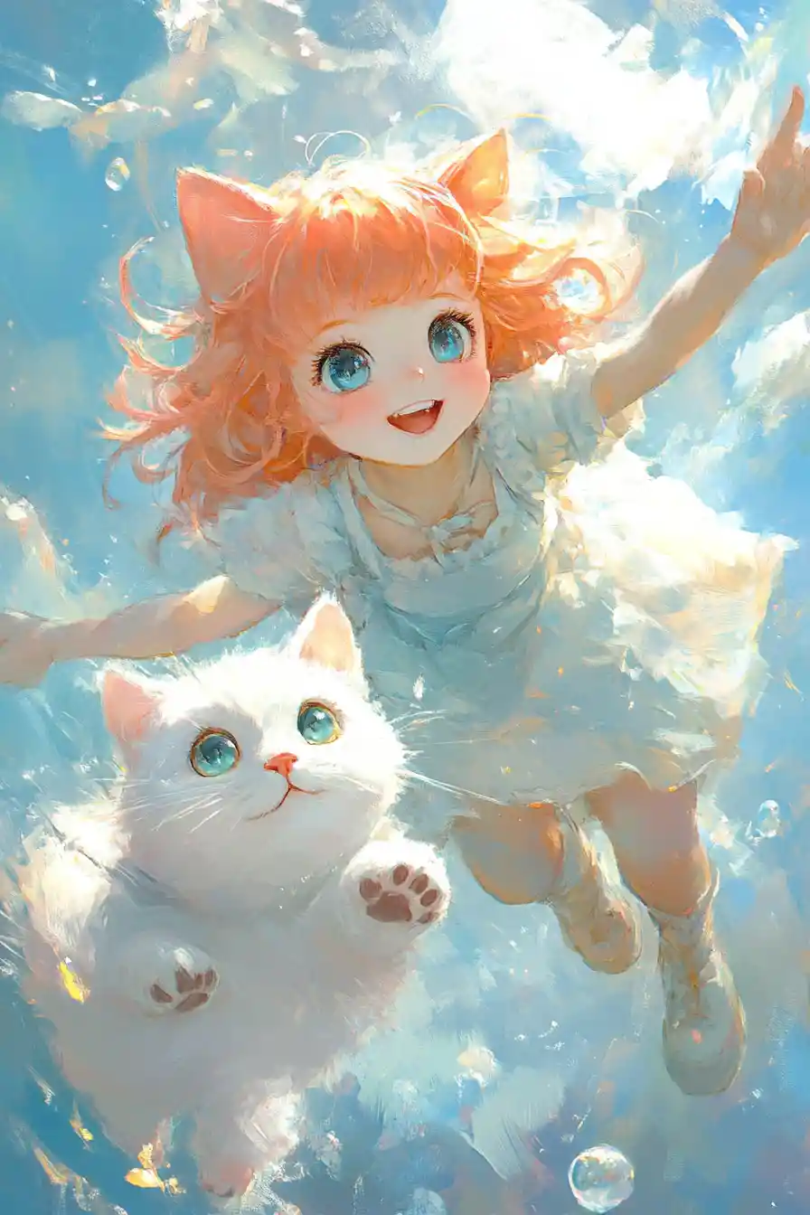 Whimsical anime girl in bright pastel artistic motion