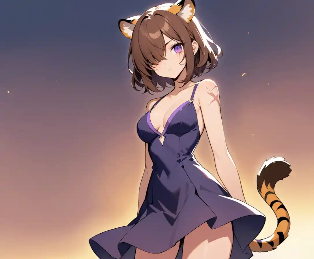 Scarred tiger eared woman with violet eyes in dress