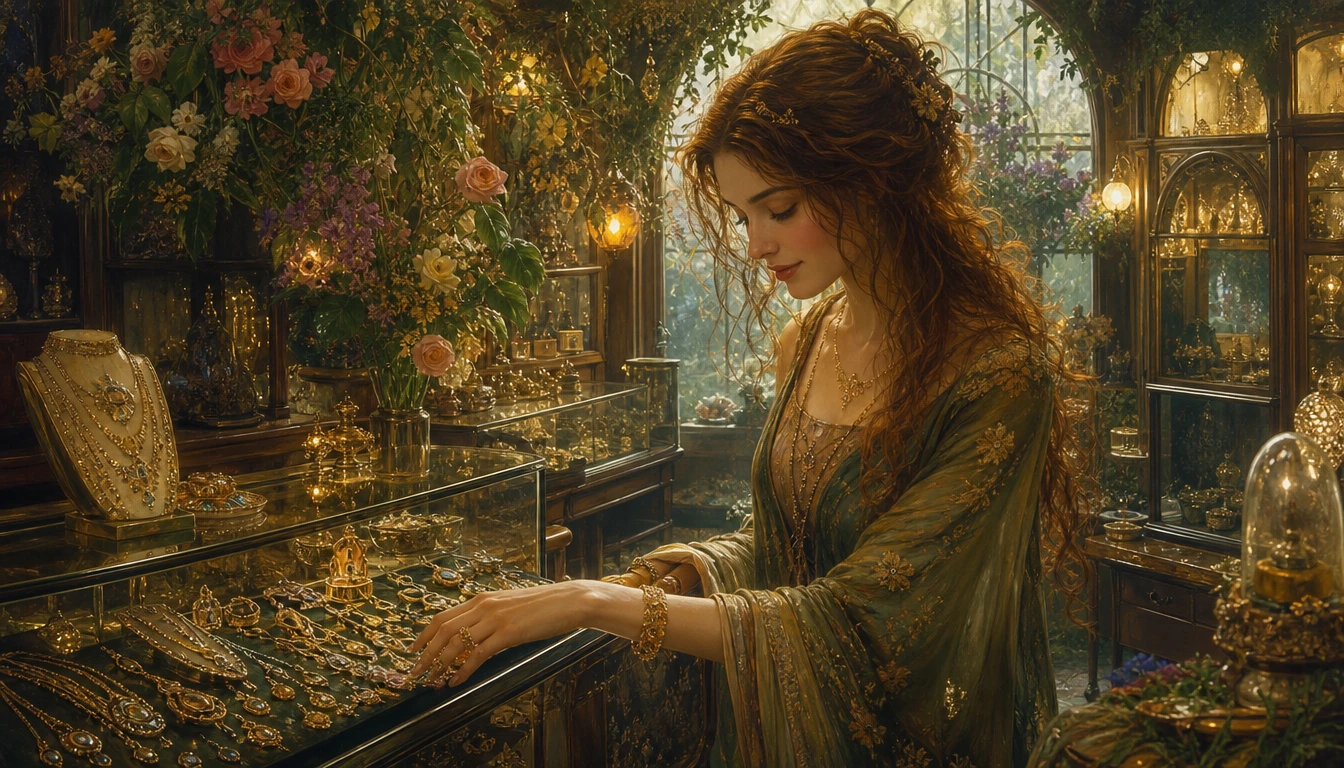 Elegant woman in a cozy jewelry shop with flowers