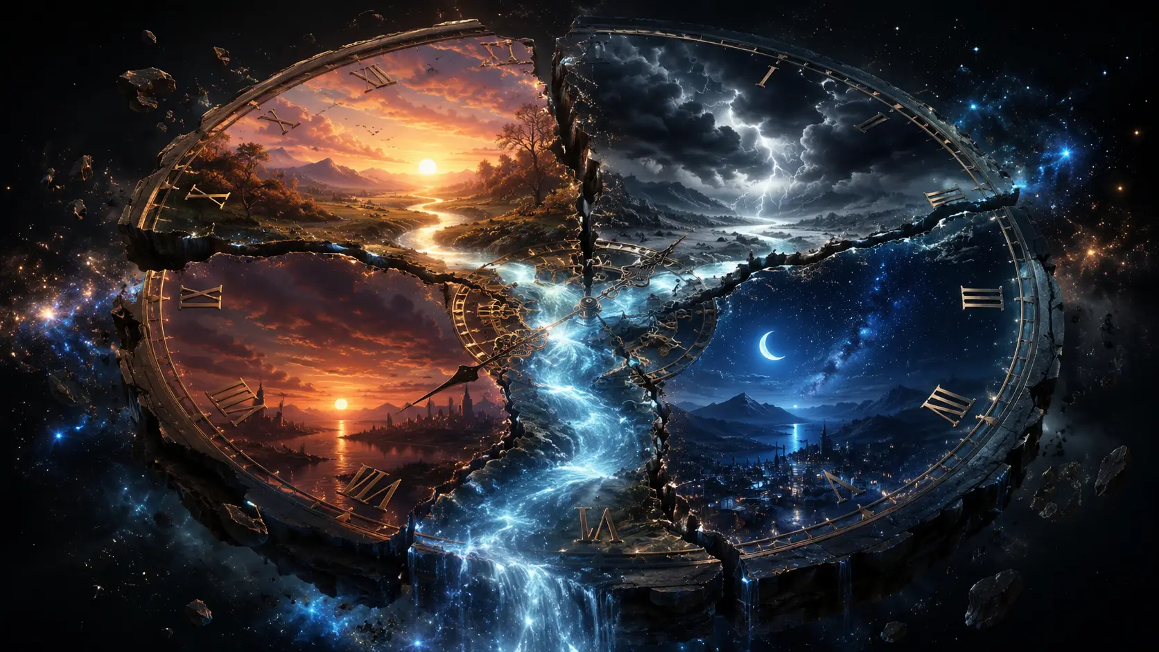 Fractured clock floating in darkness across shifting times