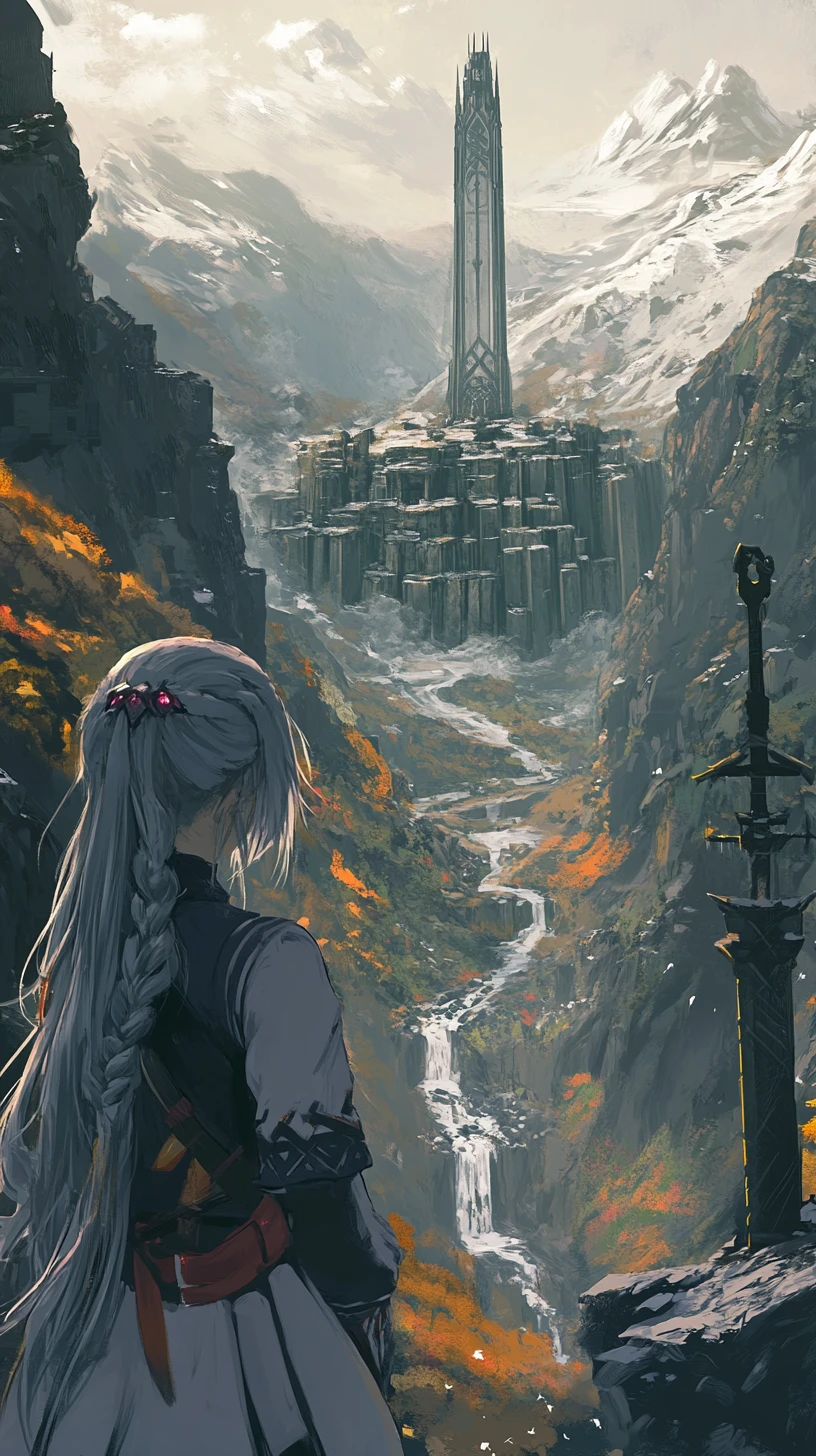 Snowy mountains and autumn valley at misty sunset