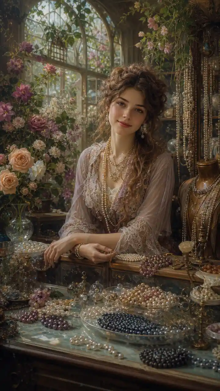 Donna in una accogliente gioielleria di perle con fiori e piante