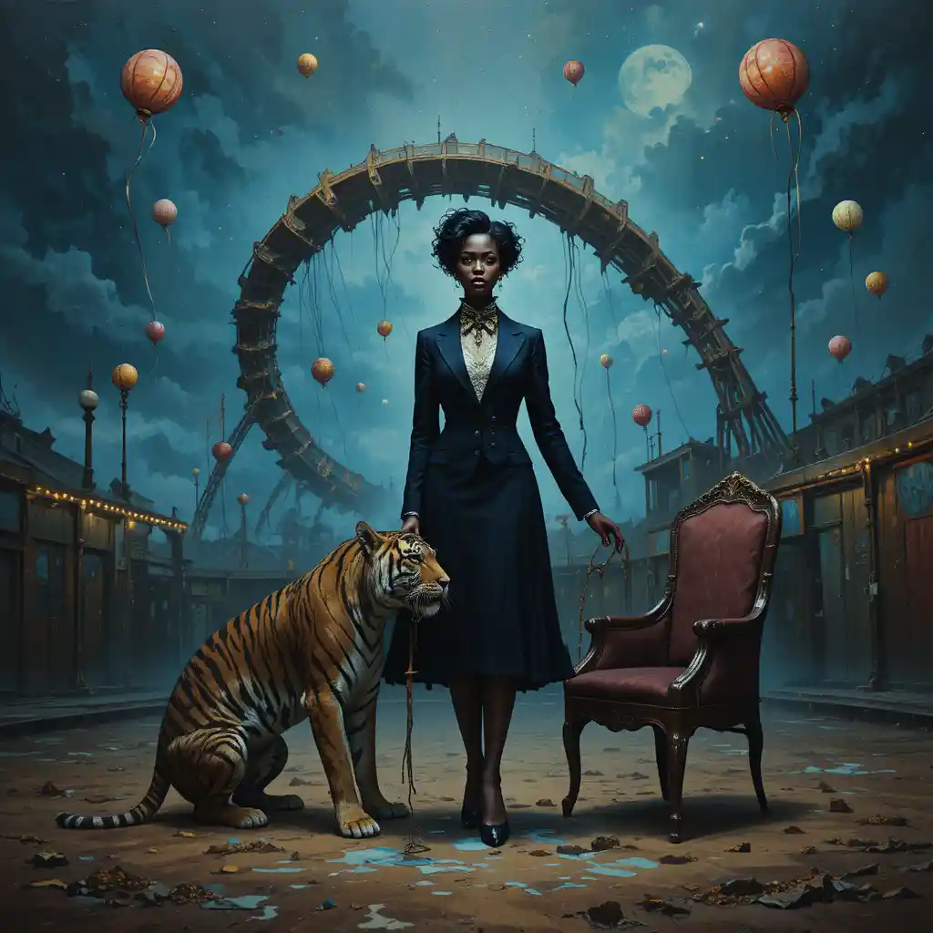 Surreal ringmaster with tiger in warped circus scene