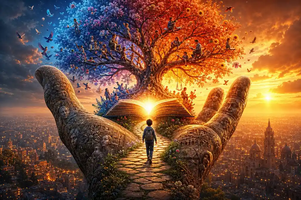 Surreal hand holding a glowing tree of life