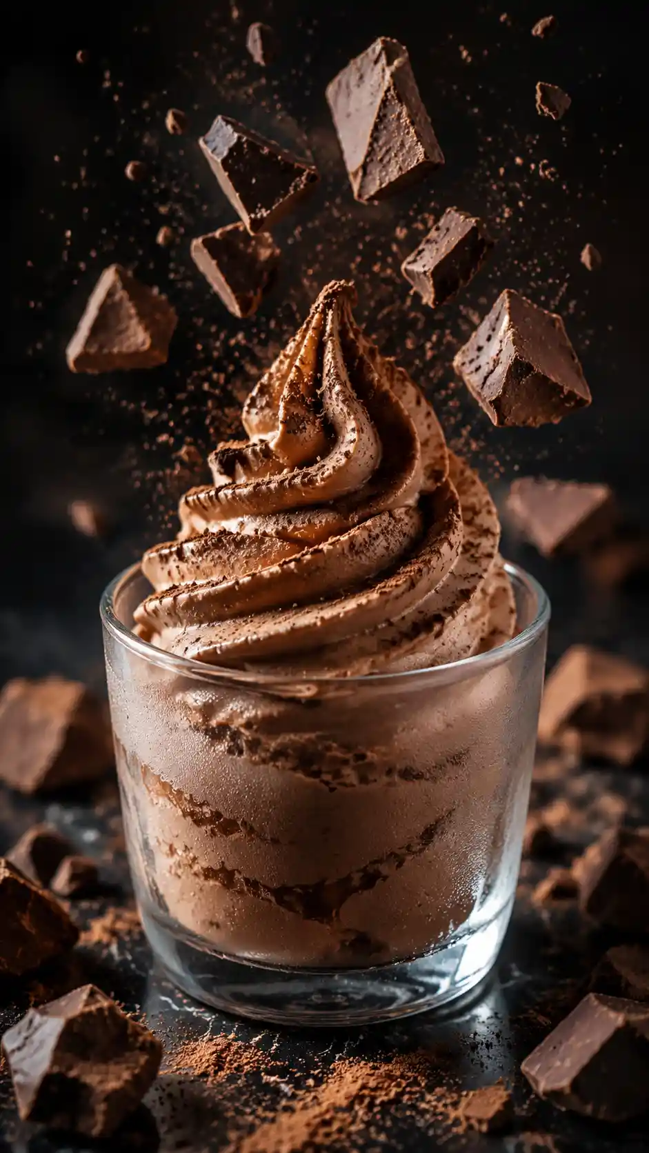 Chocolate ice cream dessert in a glass cup close up