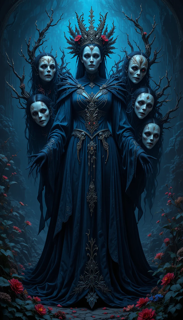 Eerie masked queen standing against dark blue fantasy background