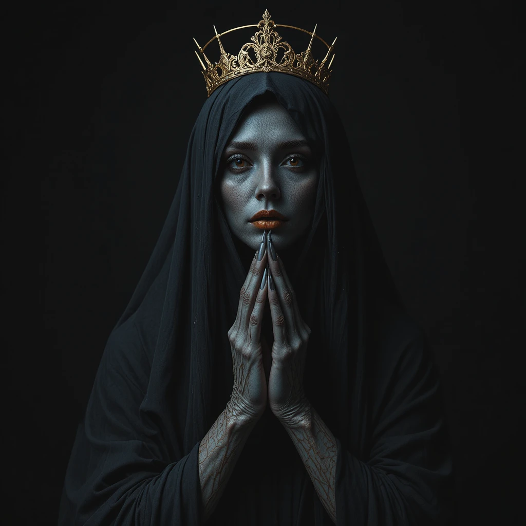Veiled faceless woman with golden crown and claws