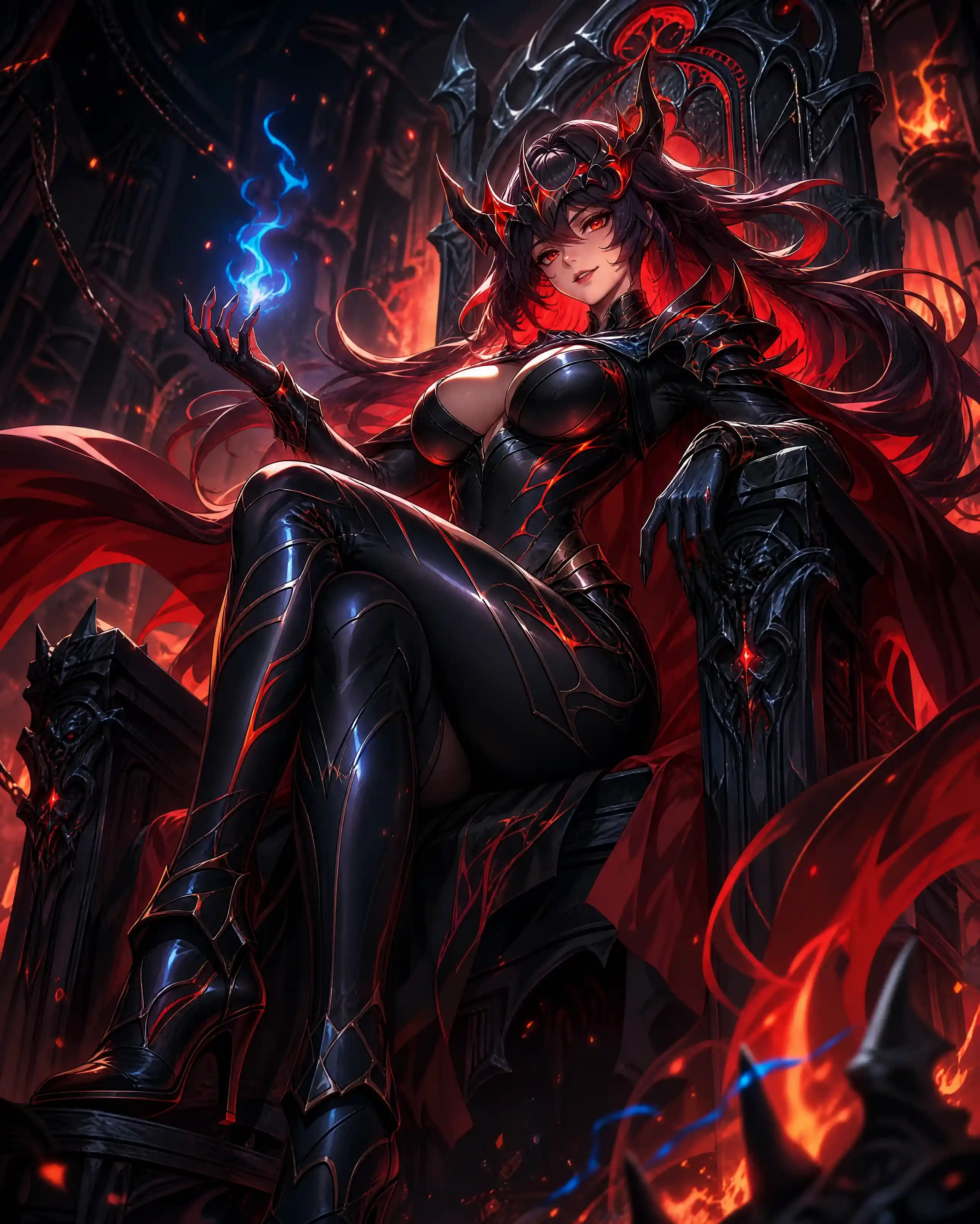 Dark woman in a chair with a cold evil stare