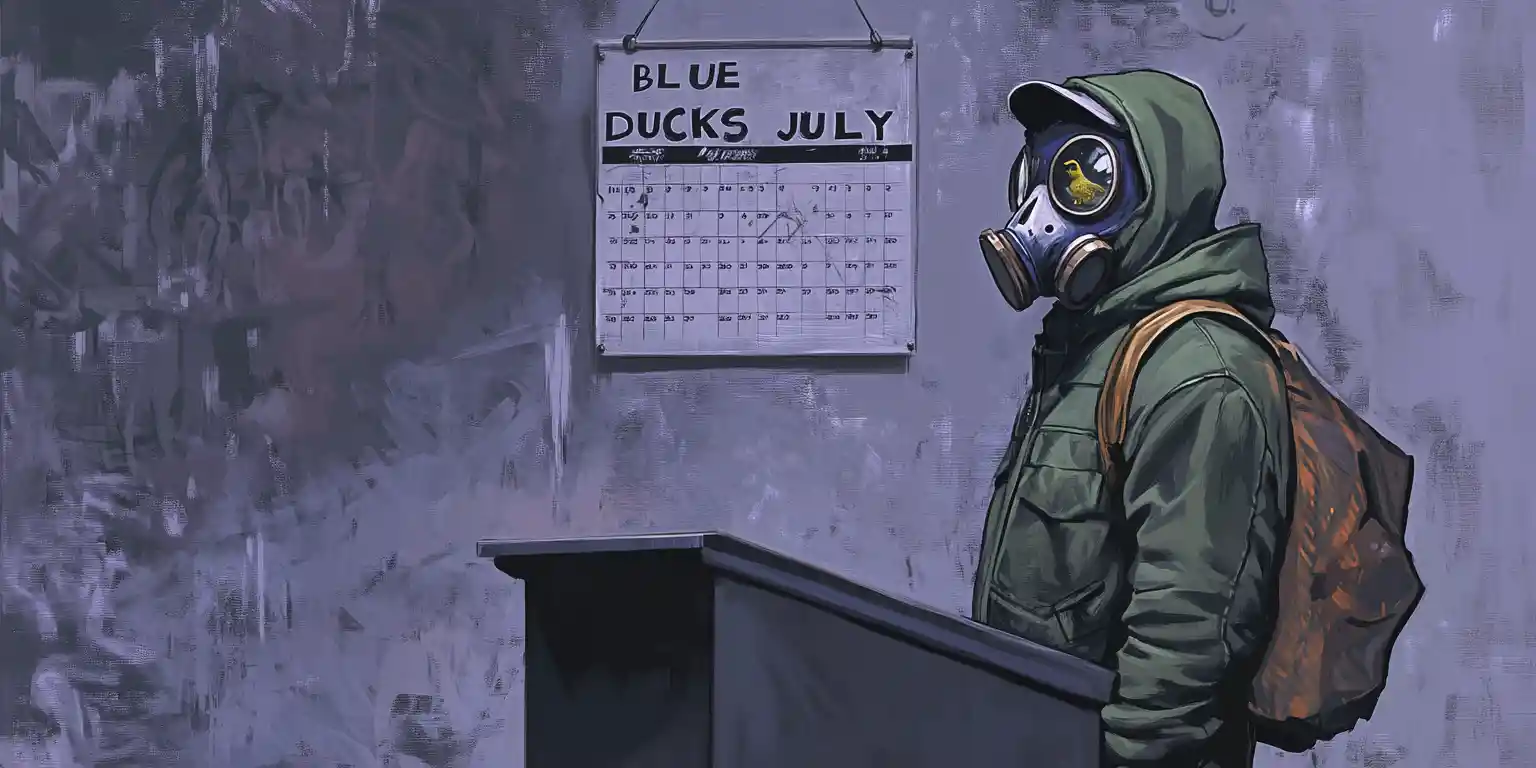 Man in duck gas mask speaking at urban graffiti podium