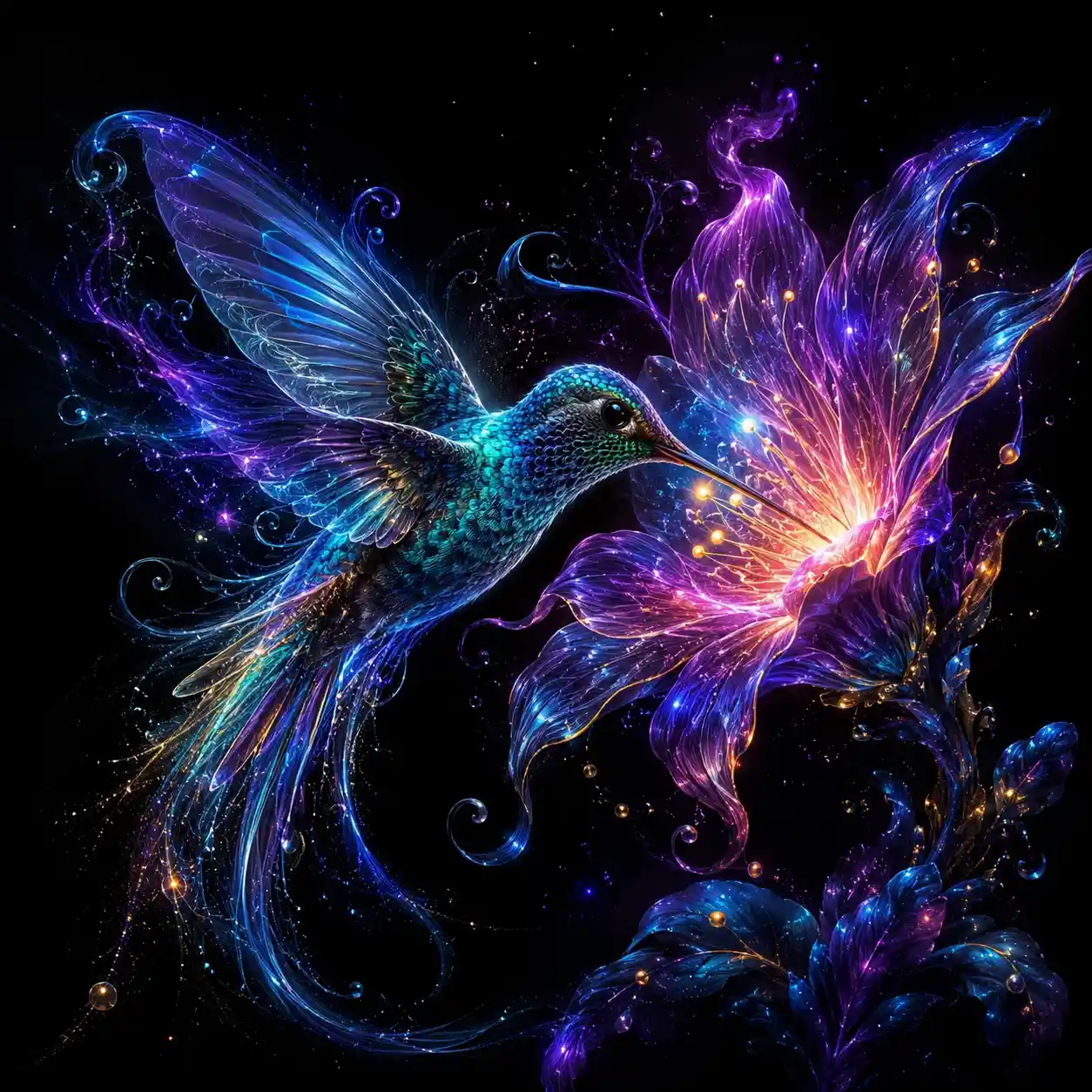 Bioluminescent Hummingbird With Glowing Flower On Black Background