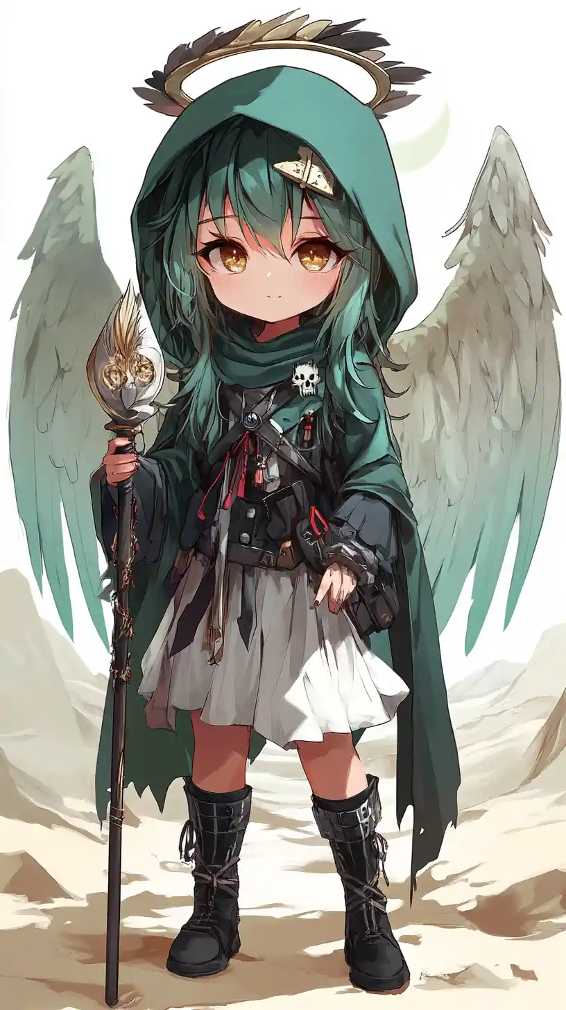 Chibi angel girl with spear before desert castle