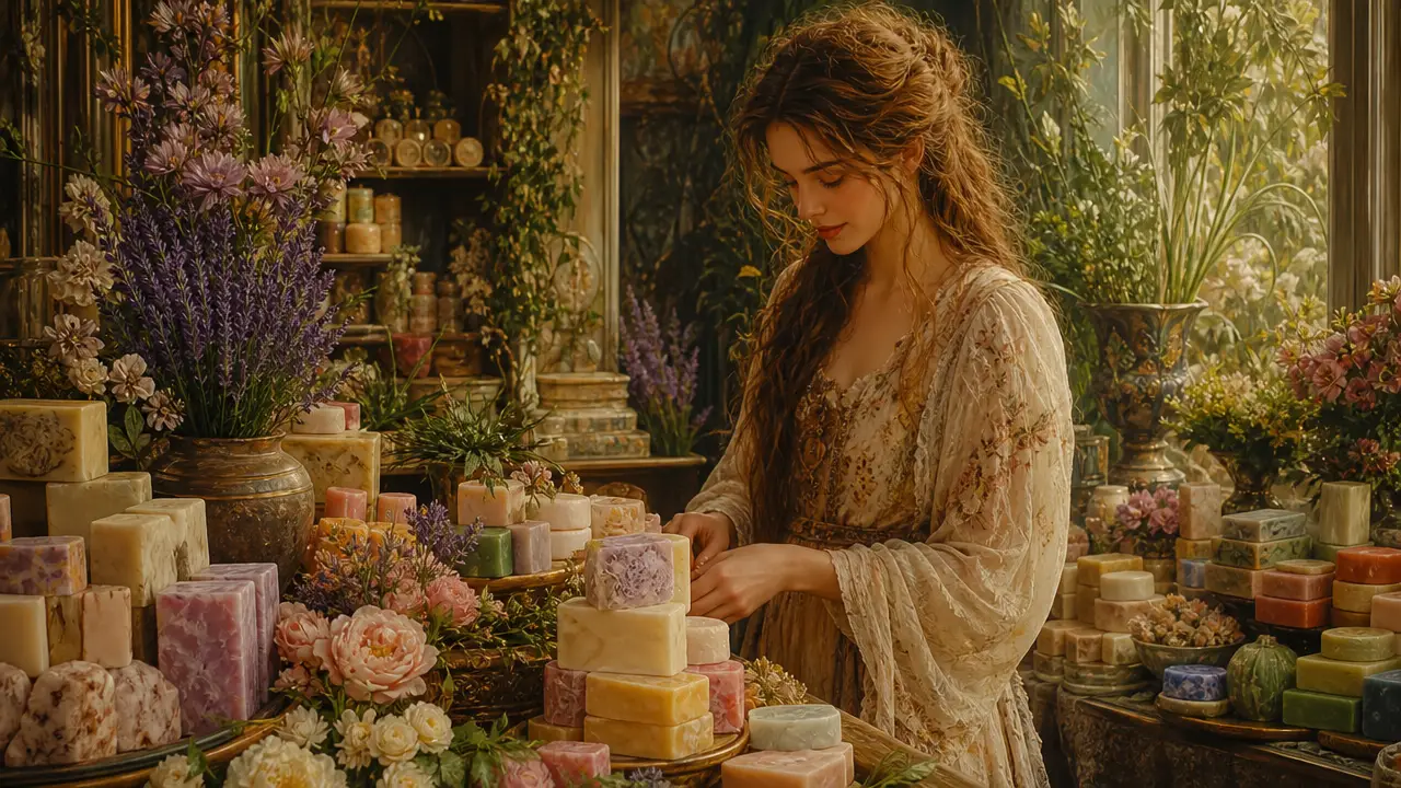 Bella donna in una accogliente bottega di saponi con fiori e piante
