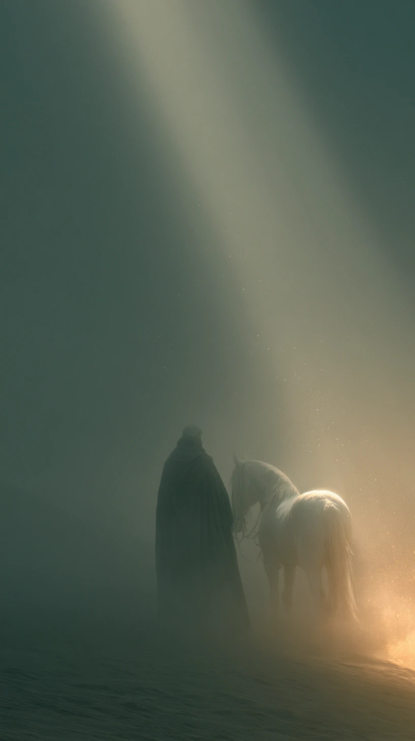 Muslim knight with white horse in foggy cinematic light
