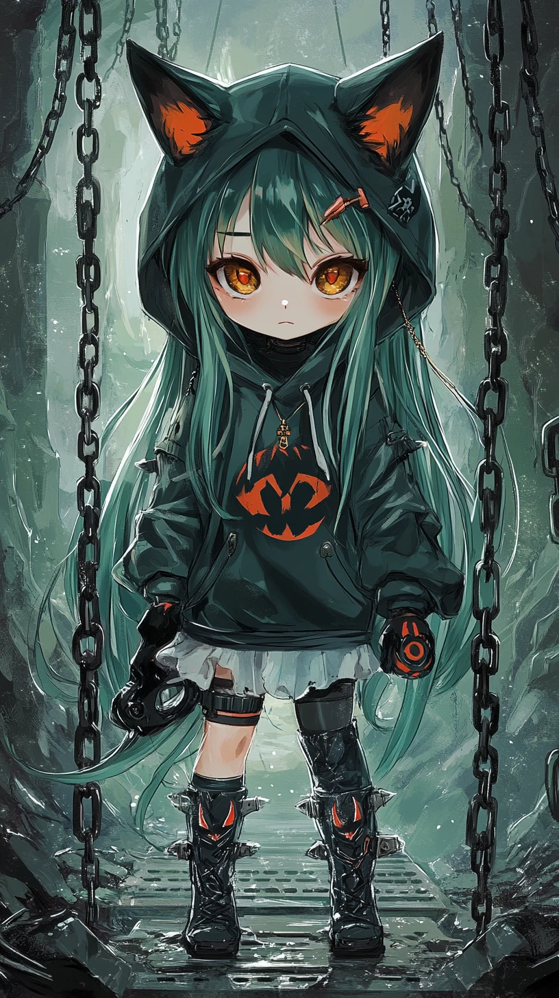 Ragazza anime chibi dai capelli verdi con outfit a tema lupo