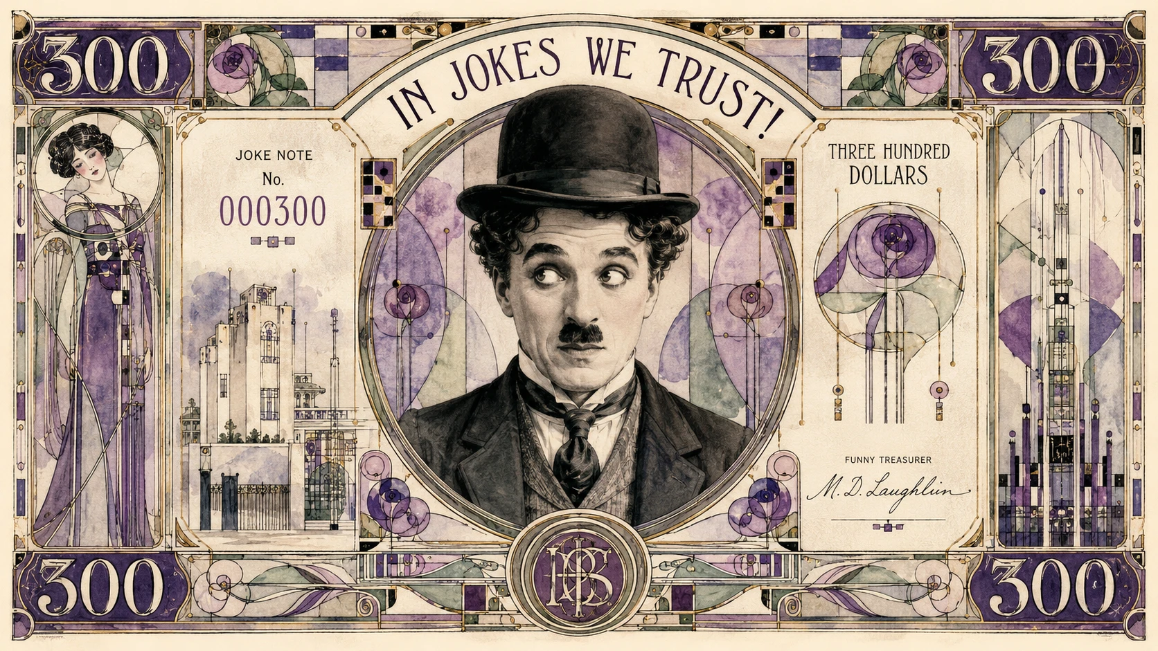 Art nouveau prank banknote featuring Charlie Chaplin portrait