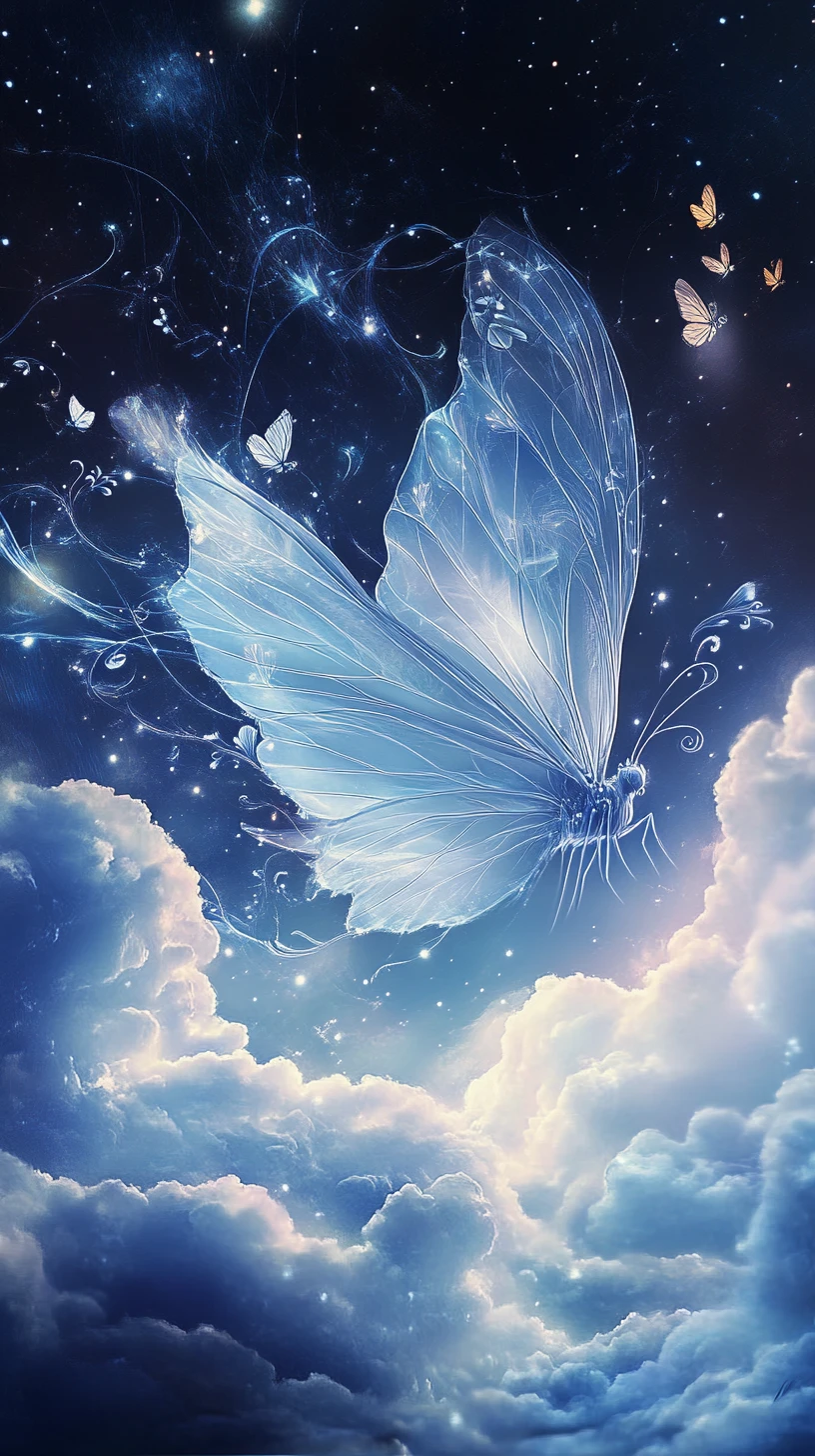 Fairy Resting Among Soft Clouds Under Starry Night Sky
