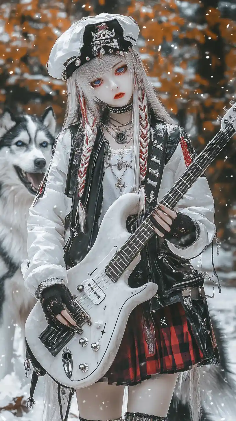 Marble Greek statue rocking a punk jacket on stage