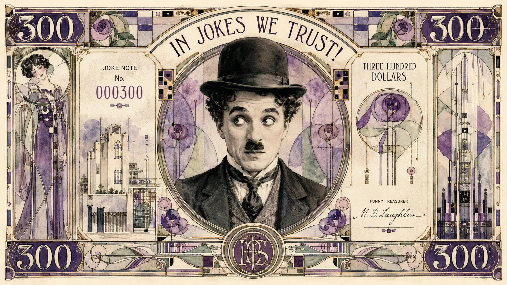Art nouveau prank banknote featuring Charlie Chaplin portrait