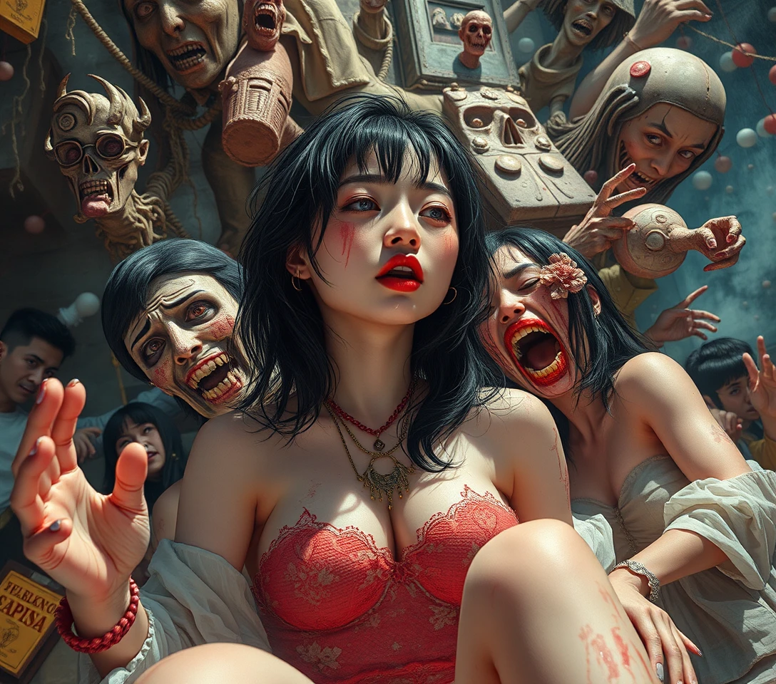 Surreal contest chaos around a central woman in rupture