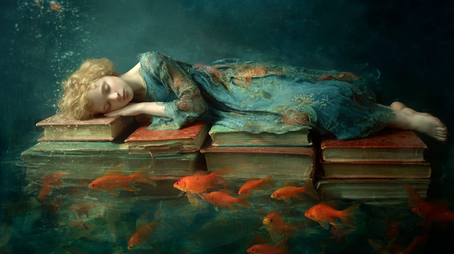 Melancholic mermaid in a surreal drowned library scene