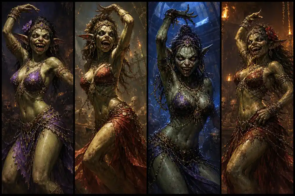 Epic fantasy goblin woman dancing in glowing colors