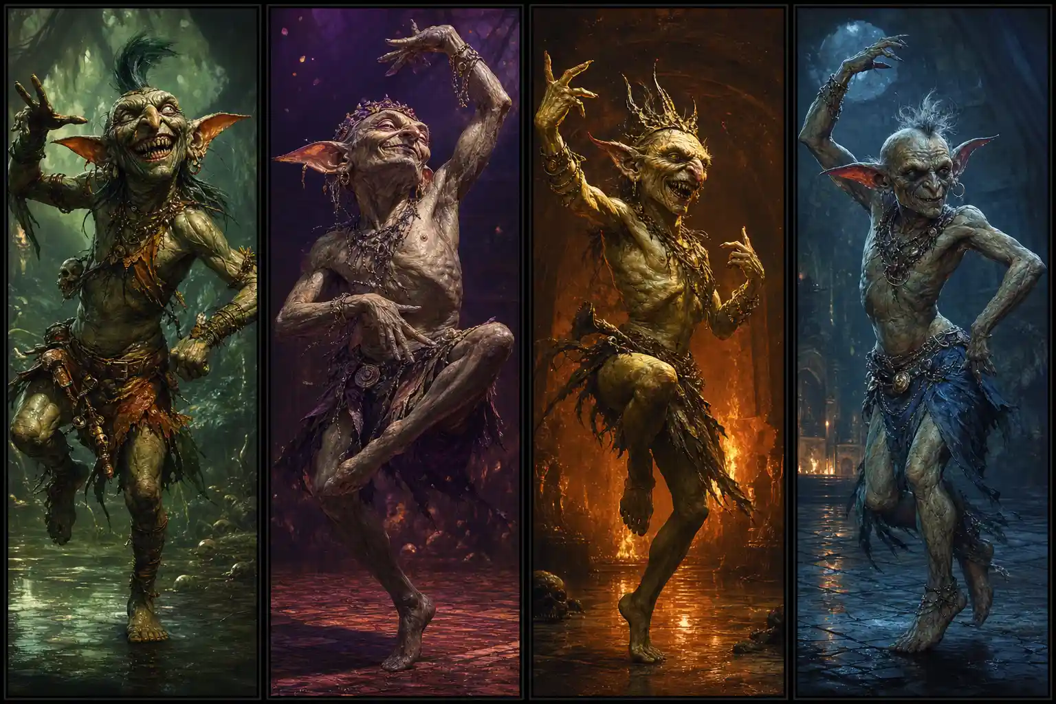 Jewel toned goblin dancer in epic fantasy digital painting