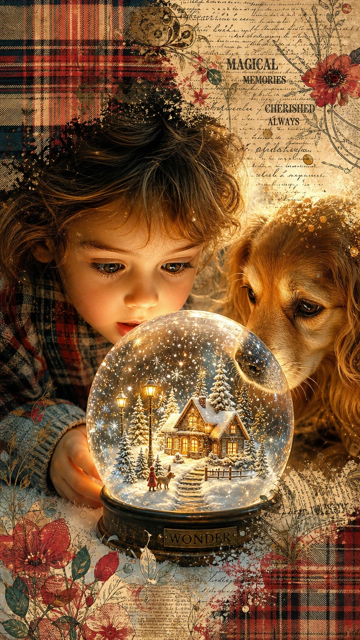 魔法のスノードームを見つめる子どもと犬