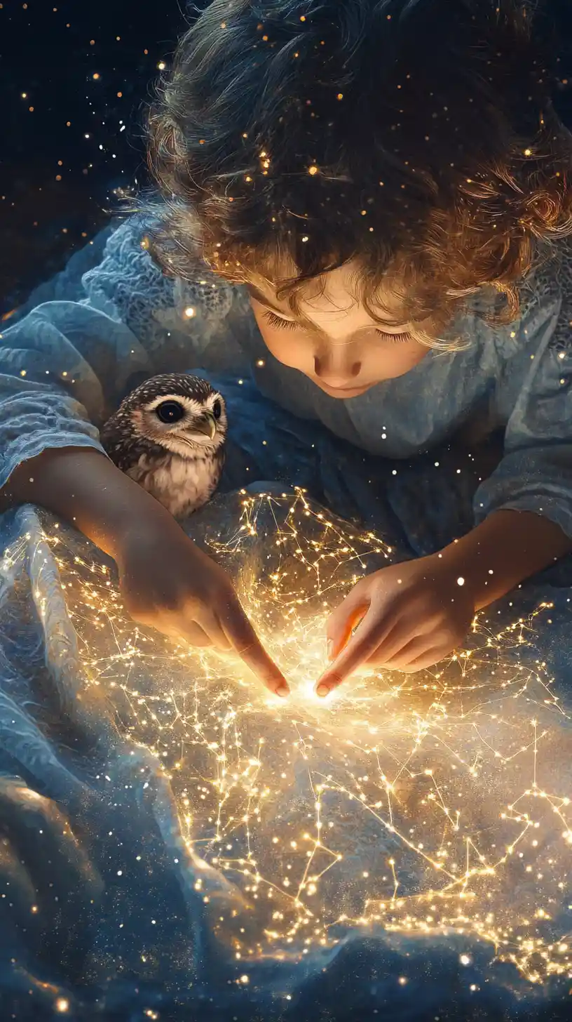 Boy studying a glowing celestial map with baby owl