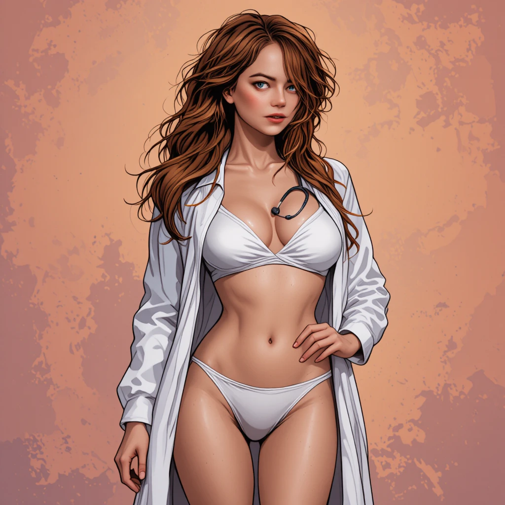 Curvy woman in bikini and lab coat with stethoscope