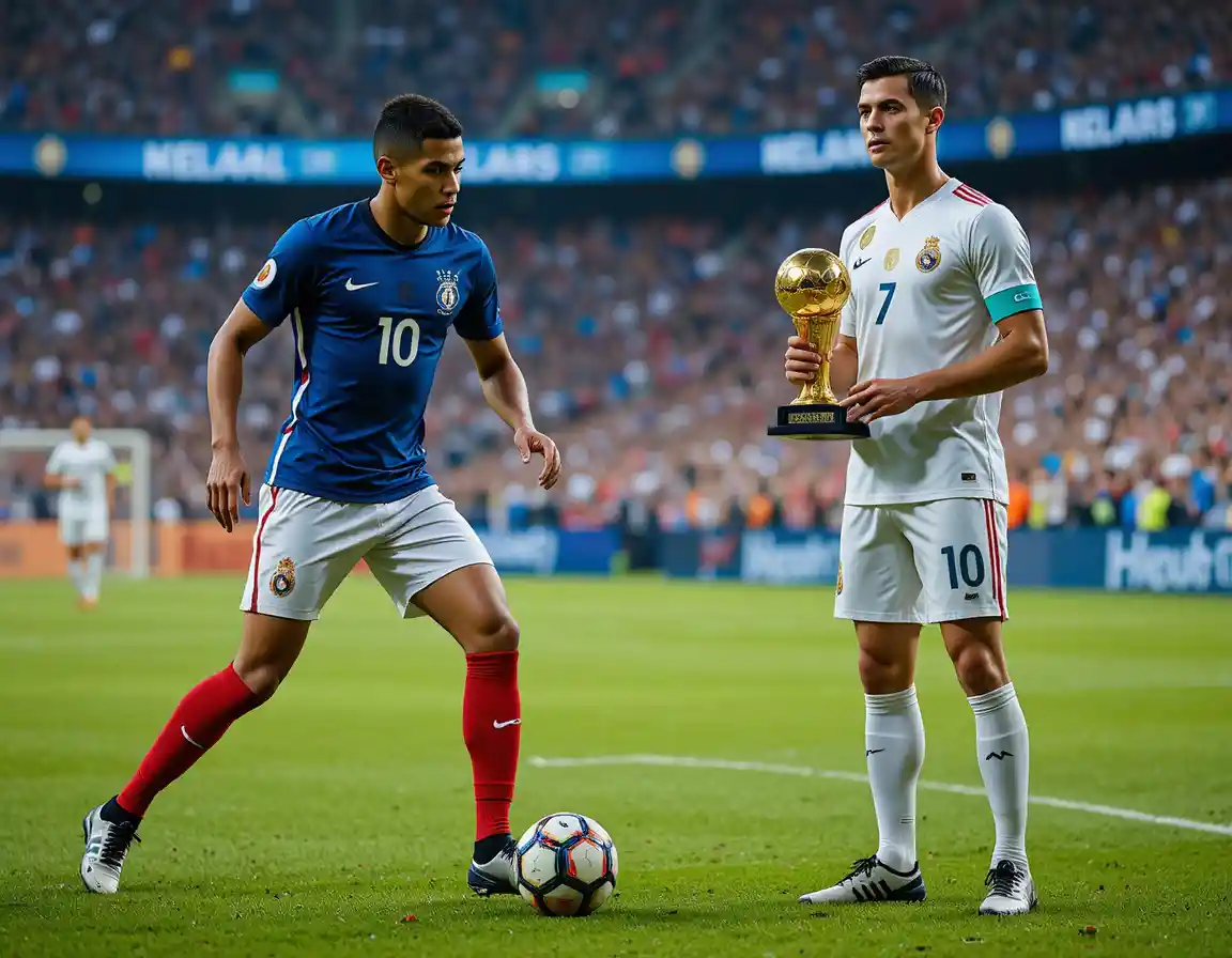 Two soccer players on a stadium pitch in full action view