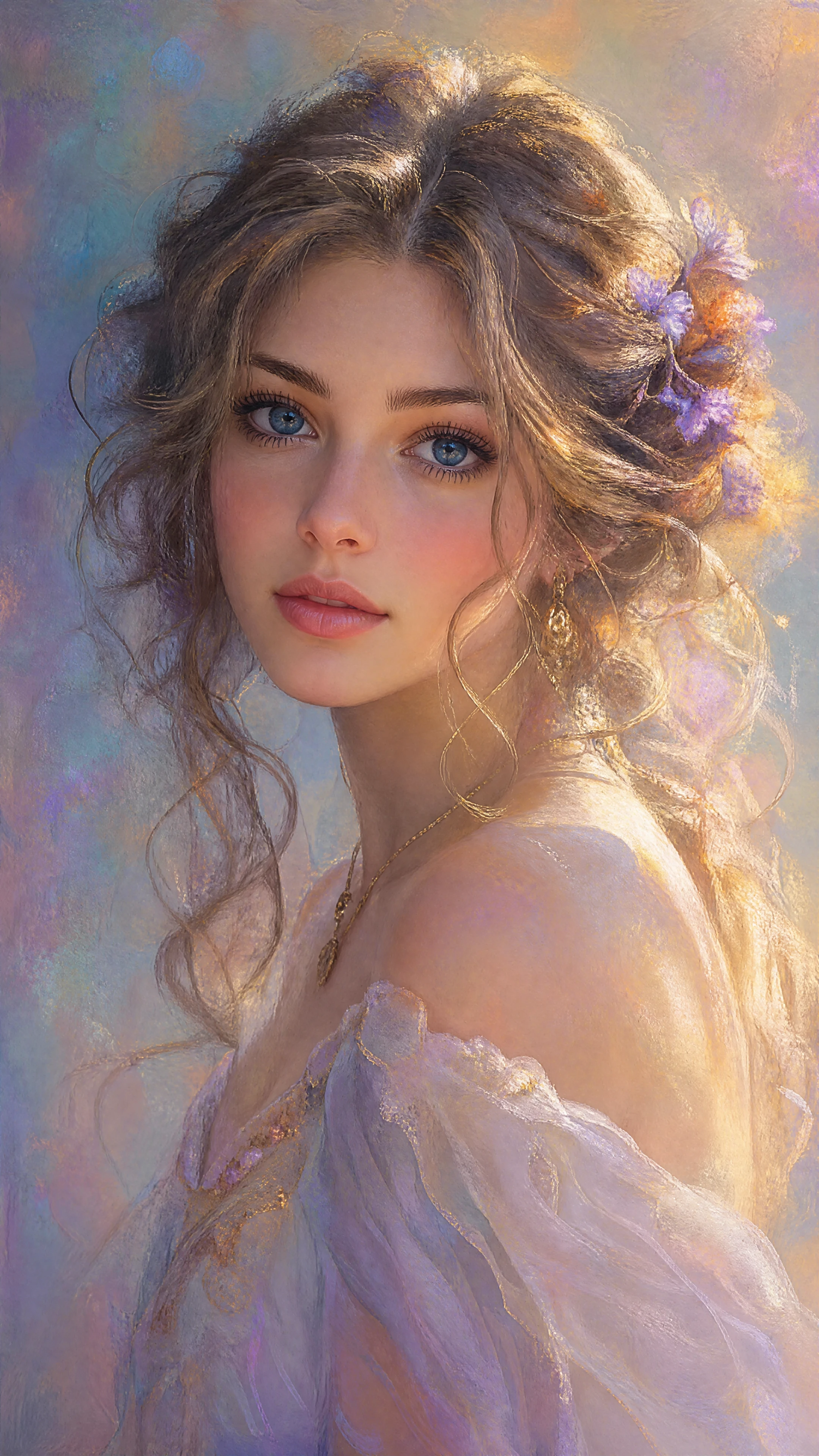 Serene pastel girl portrait with luminous expressive eyes