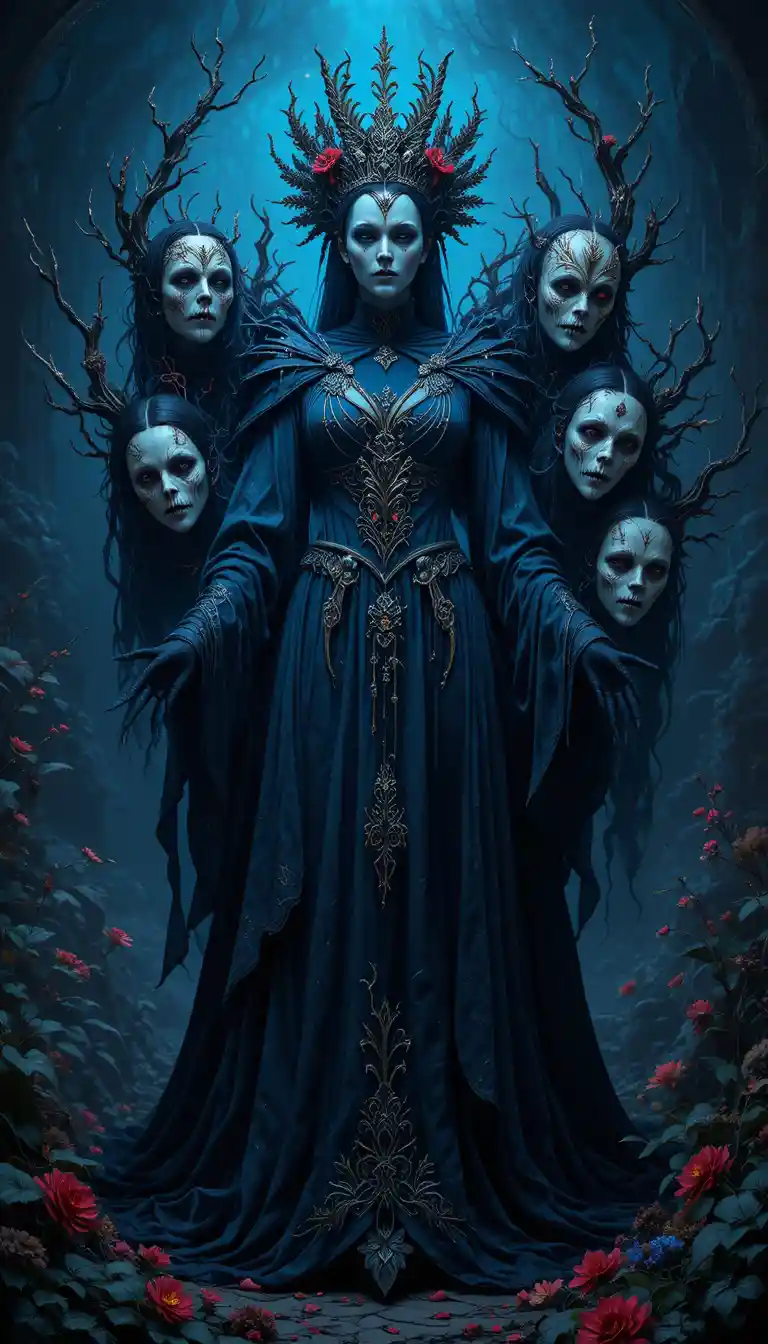 Eerie masked queen standing against dark blue fantasy background