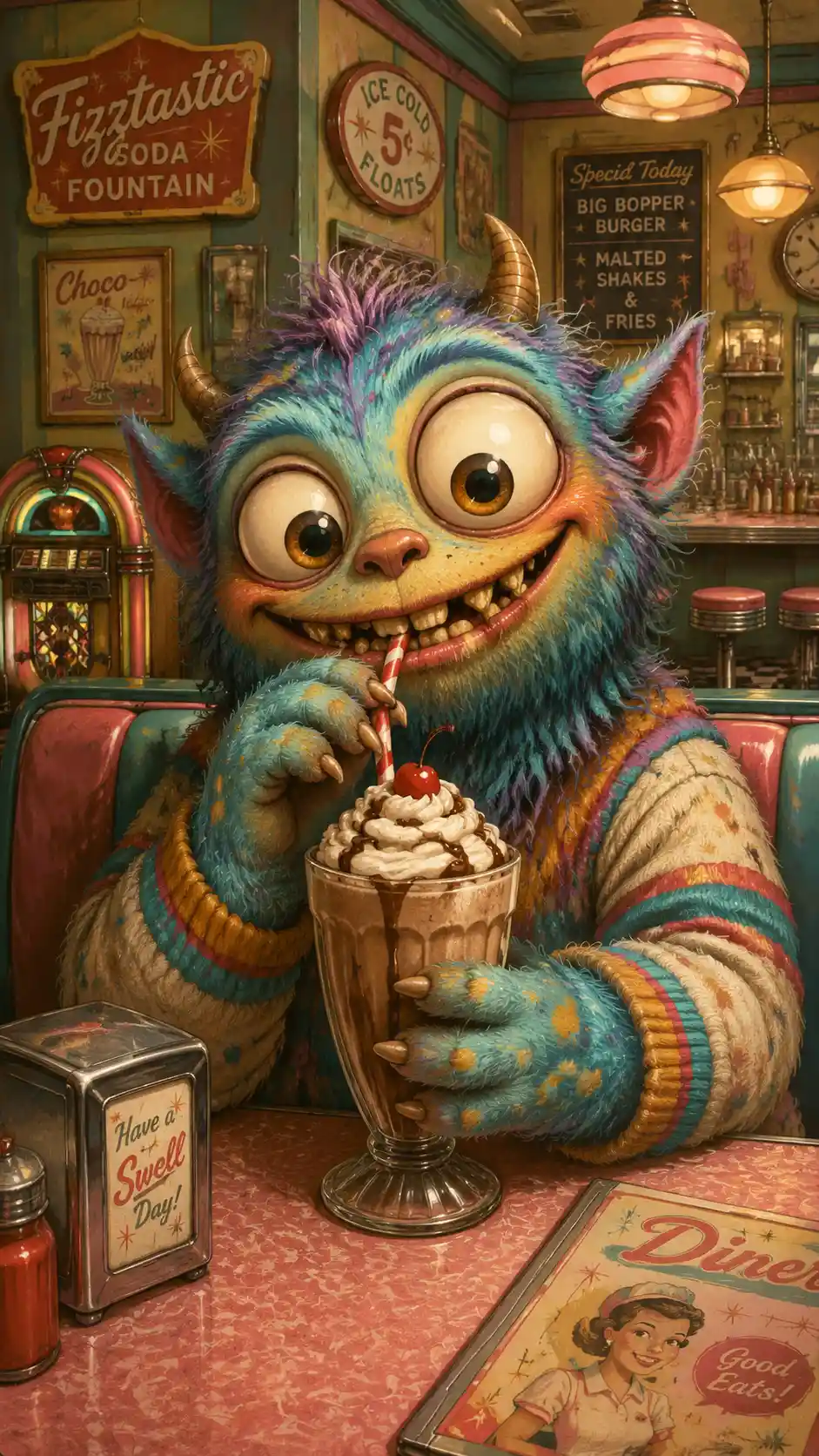 Cute fantasy creature sipping a milkshake in retro diner