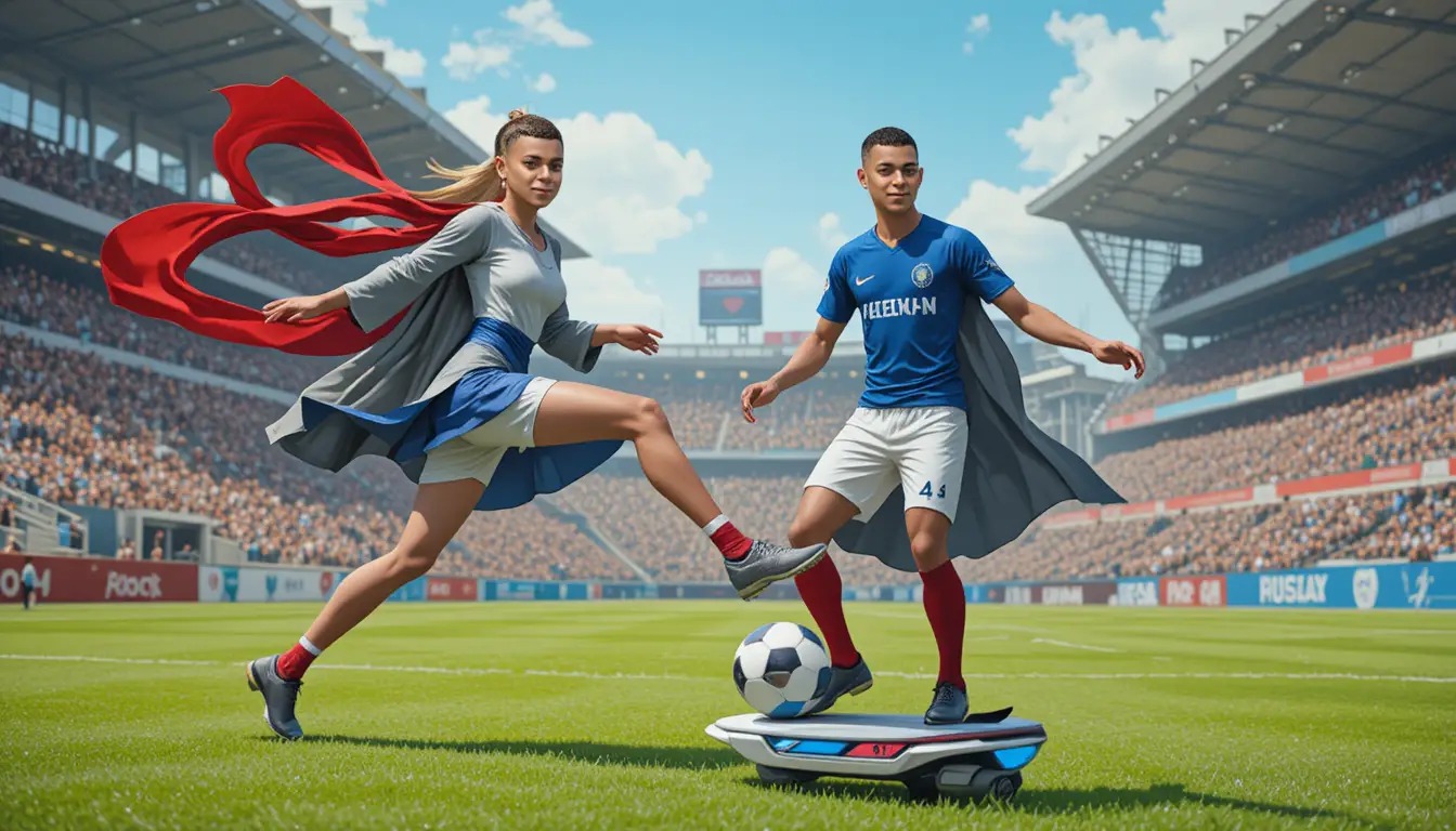 Soccer star and anime woman sharing a surreal field