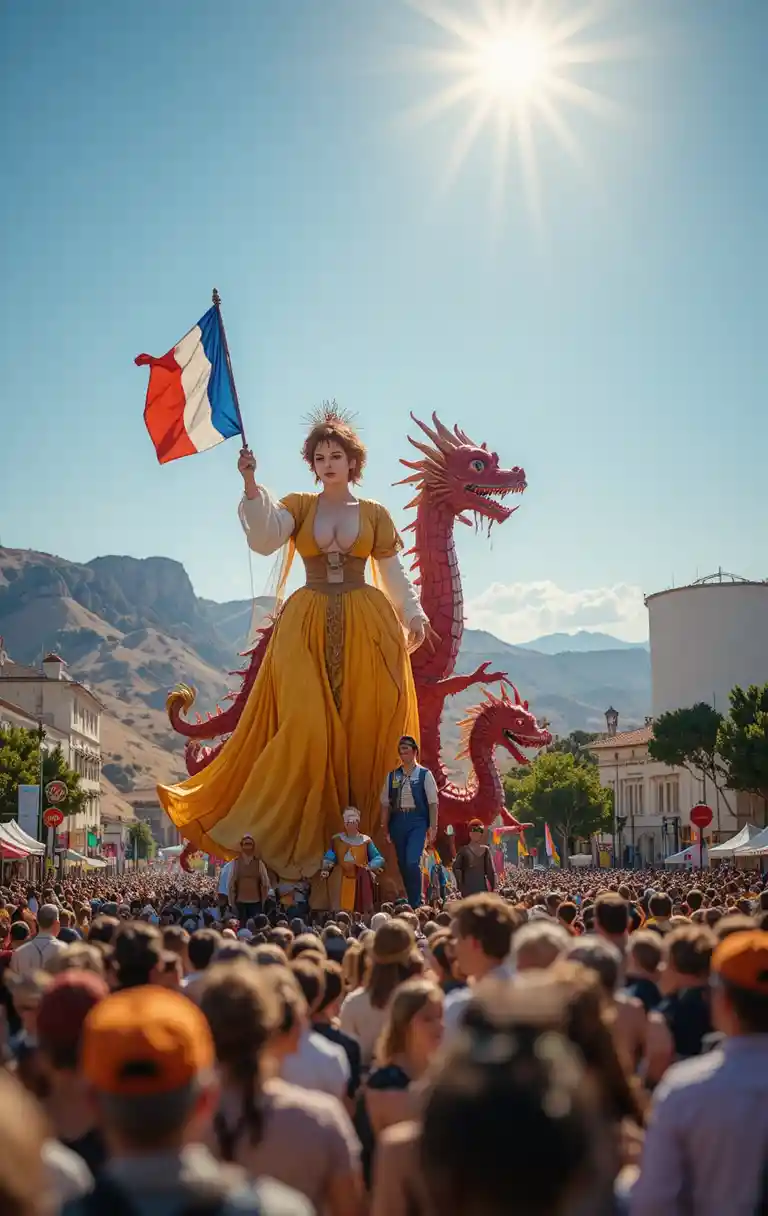 Giant parade figures lead a festive crowd under sunny skies