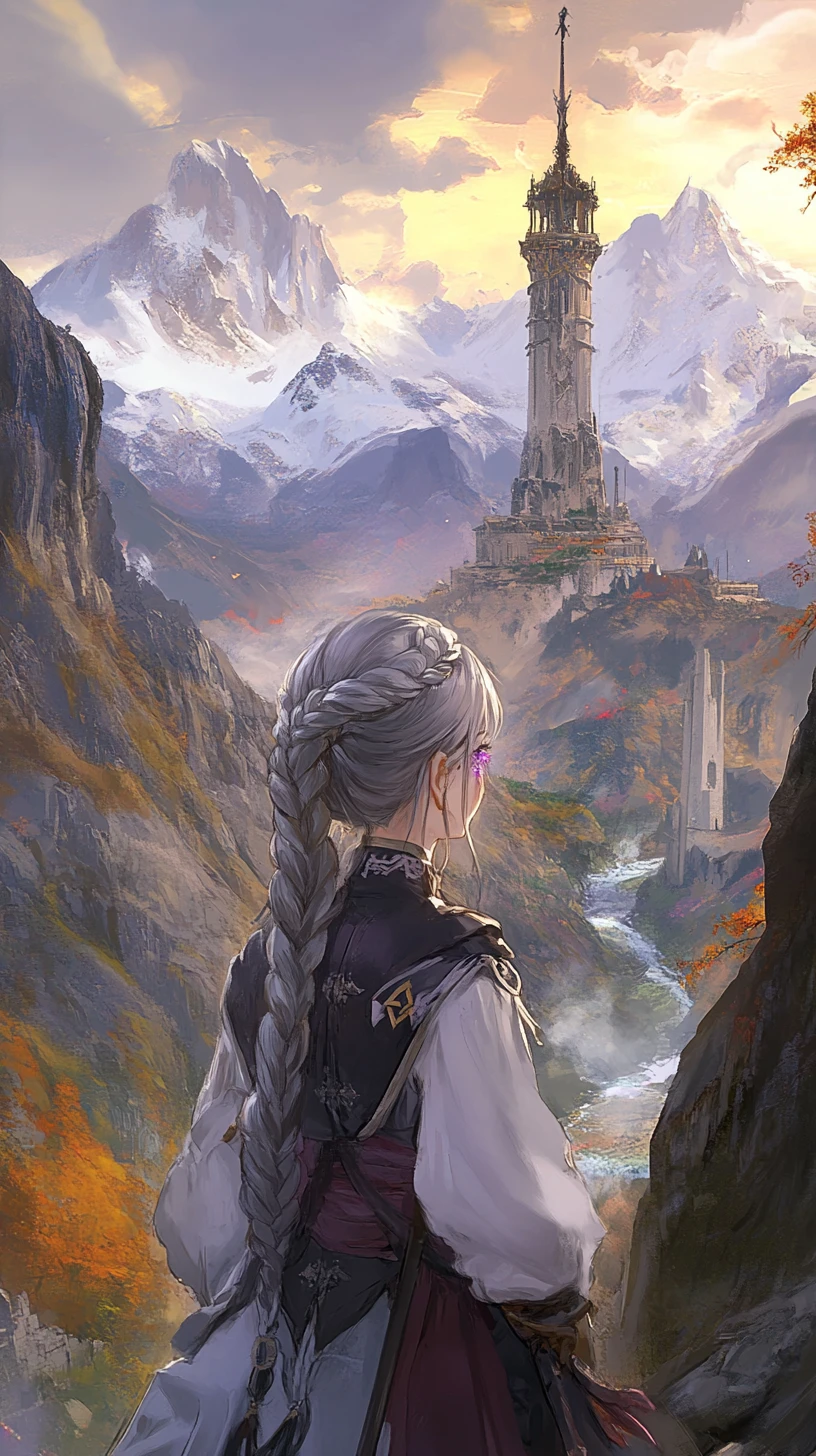 Snowy mountains and autumn valley at misty sunset