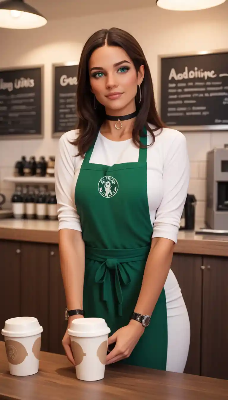 Tan brunette woman in apron standing in coffee shop