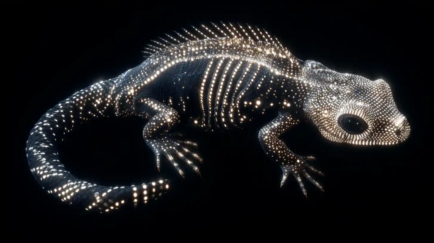 Glowing patterned creature emerging from a near black void